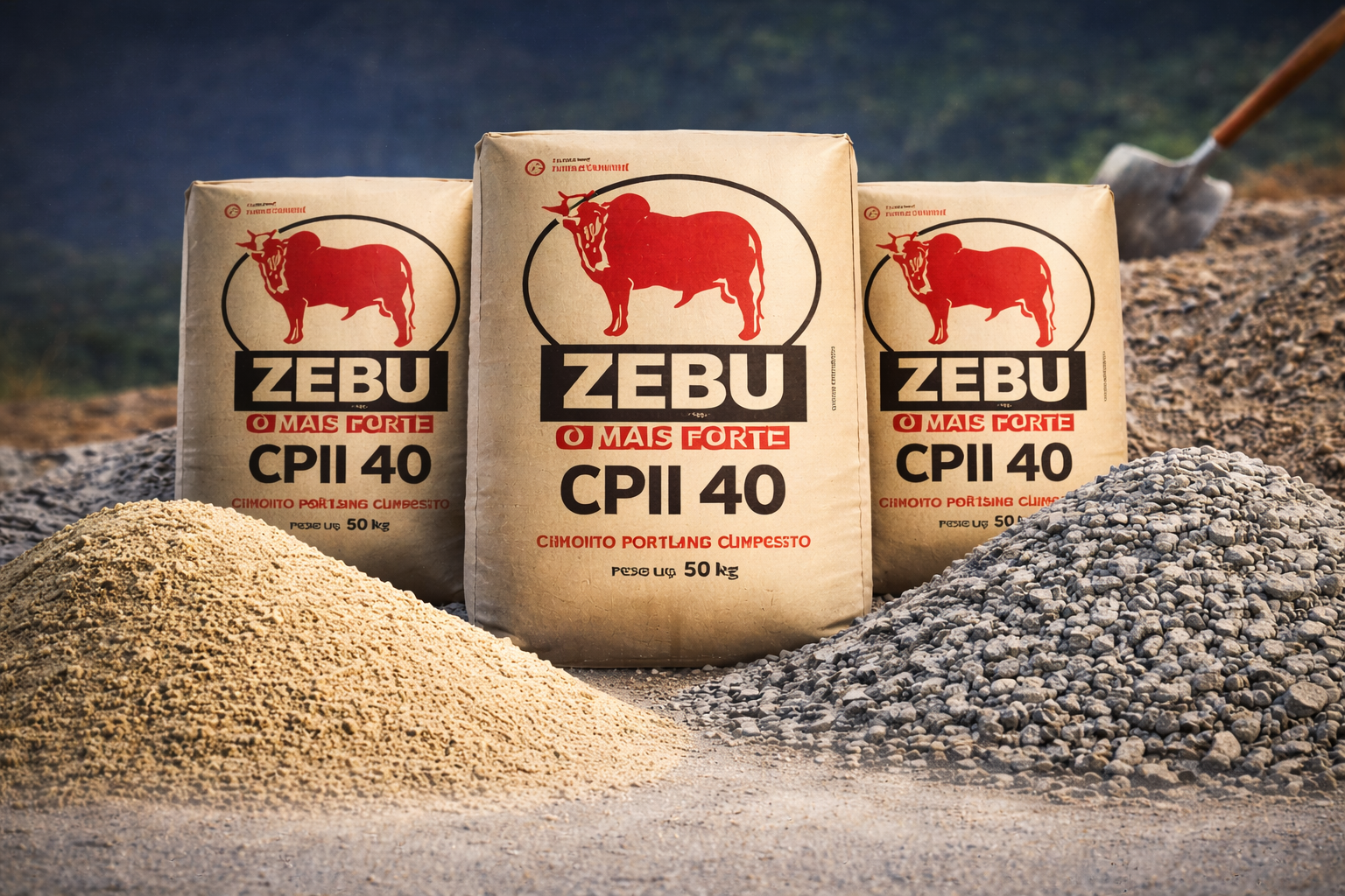 Cimento, areia e brita